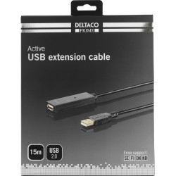 DELTACO PRIME USB 2.0 pagarinātāja kabelis, aktīvs, A tipa tēviņš - A tipa mātīte, melns
