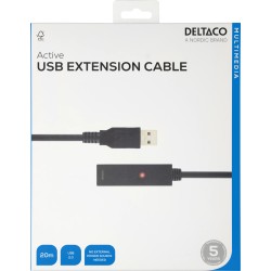 DELTACO PRIME USB 2.0 pagarinātāja kabelis, aktīvs, A tipa tēviņš - A tipa mātīte, melns