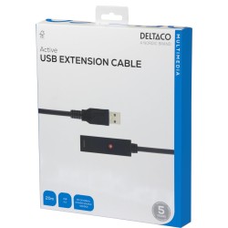 DELTACO PRIME USB 2.0 pagarinātāja kabelis, aktīvs, A tipa tēviņš - A tipa mātīte, melns